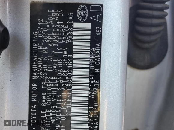 2012 Toyota Matrix S с VIN 2T1LE4EE8CC021618, выставлен на аукционе Copart как лот 88866355 с пробегом 82 863 миль миль и Списание • Salvage title. История ставок и продаж доступна на DreamBid. Изображение 12.
