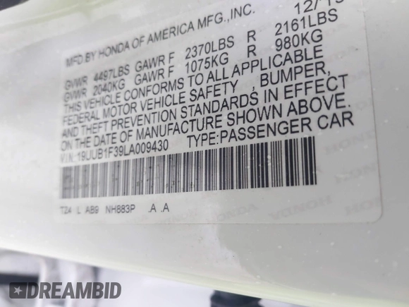 2020 Acura TLX with VIN 19UUB1F39LA009430, listed as a IAAI auction lot 41913269 with 58,306 mi miles and . Bid and sale history available at DreamBid. Image 9.