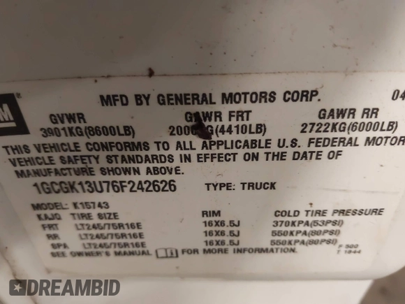 2006 Chevrolet Silverado 1500HD LT1 with VIN 1GCGK13U76F242626, listed as a IAAI auction lot 40786885 with 171,077 mi miles and . Bid and sale history available at DreamBid. Image 9.
