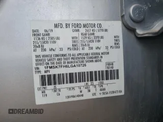 2020 Ford Explorer Limited с VIN 1FMSK7FH6LGA10726, выставлен на аукционе Copart как лот 59032345 с пробегом Не указан миль и Списание • Salvage title. История ставок и продаж доступна на DreamBid. Изображение 13.