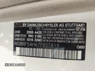 2007 Mercedes-Benz C 280 Luxury with VIN WDBRF54H67F857819, listed as a IAAI auction lot 42606564 with 65,107 mi miles and . Bid and sale history available at DreamBid. Image 9.