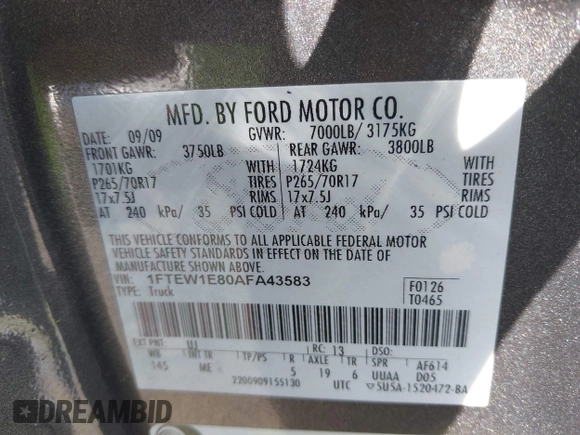 2010 Ford F-150 XL z VIN 1FTEW1E80AFA43583, wystawiony jako IAAI lot #42128735 z przebiegiem 139 654 mil mil oraz . Historia ofert i sprzedaży dostępna na DreamBid. Obrazek 9.