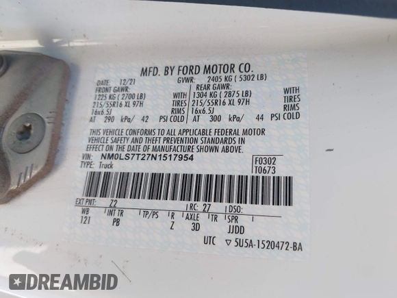 2022 Ford Transit Connect XLT с VIN NM0LS7T27N1517954, выставлен на аукционе IAAI как лот 42188496 с пробегом 92 381 миль миль и . История ставок и продаж доступна на DreamBid. Изображение 9.