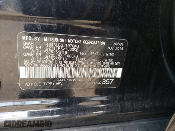 2019 Mitsubishi Outlander Sport ES 2.0 with VIN JA4AP3AU5KU013996, listed as a Copart auction lot 61707182 with 93,002 mi miles. Bid and sale history available at carsss.com. Image 10.