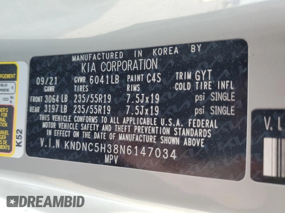 2022 Kia Carnival EX with VIN KNDNC5H38N6147034, listed as a Copart auction lot 86811174 with 22,580 mi miles and Salvage Title. Bid and sale history available at carsss.com. Image 14.