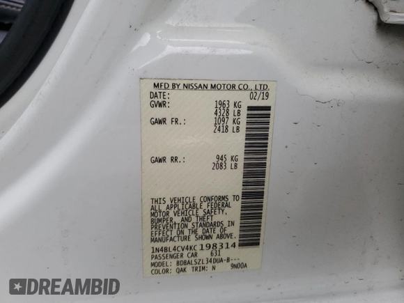 2019 Nissan Altima SR with VIN 1N4BL4CV4KC198314, listed as a Copart auction lot 42836625 with 144,262 mi miles and Salvage Title. Bid and sale history available at carsss.com. Image 12.