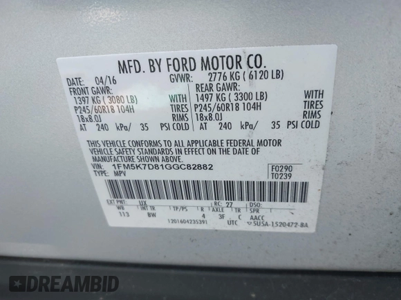 2016 Ford Explorer XLT with VIN 1FM5K7D81GGC82882, listed as a IAAI auction lot 42038327 with 132,846 mi miles and . Bid and sale history available at DreamBid. Image 9.