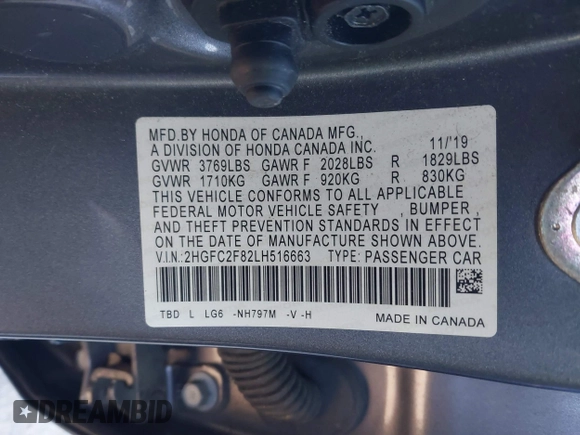 2020 Honda Civic Sedan Sport with VIN 2HGFC2F82LH516663, listed as a IAAI auction lot 41282347 with 40,451 mi miles. Bid and sale history available at carsss.com. Image 9.