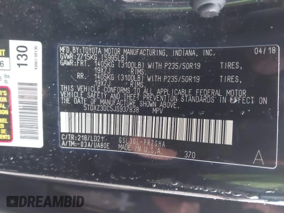 2018 Toyota Sienna SE with VIN 5TDXZ3DC5JS937838, listed as a IAAI auction lot 41964525 with 63,177 mi miles and . Bid and sale history available at DreamBid. Image 9.
