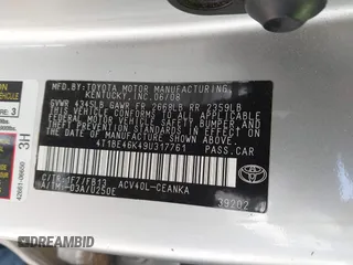 2009 Toyota Camry with VIN 4T1BE46K49U317761, listed as a IAAI auction lot 41977671 with 237,625 mi miles and . Bid and sale history available at DreamBid. Image 9.