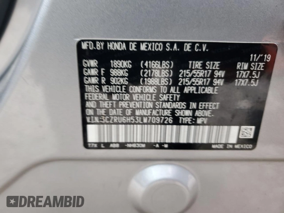 2020 Honda HR-V EX with VIN 3CZRU6H53LM709726, listed as a Copart auction lot 45102805 with 87,240 mi miles and Salvage Title. Bid and sale history available at carsss.com. Image 13.