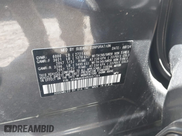 2024 Subaru Ascent Onyx with VIN 4S4WMAHD4R3457364, listed as a IAAI auction lot 42253826 with 6,342 mi miles and . Bid and sale history available at DreamBid. Image 9.