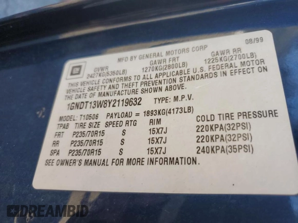 2000 Chevrolet Blazer LT z VIN 1GNDT13W8Y2119632, wystawiony jako Copart lot #47387175 z przebiegiem 140 356 mil mil oraz Szkoda całkowita • Salvage title. Historia ofert i sprzedaży dostępna na DreamBid. Obrazek 13.