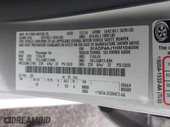 2017 Ford Fiesta S z VIN 3FADP4AJ1HM104006, wystawiony jako IAAI lot #41943413 z przebiegiem 111 873 mil mil oraz . Historia ofert i sprzedaży dostępna na DreamBid. Obrazek 9.