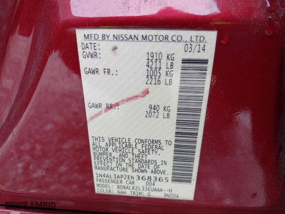 2014 Nissan Altima 2.5 S with VIN 1N4AL3AP2EN368365, listed as a IAAI auction lot 41866662 with 202,123 mi miles. Bid and sale history available at carsss.com. Image 9.