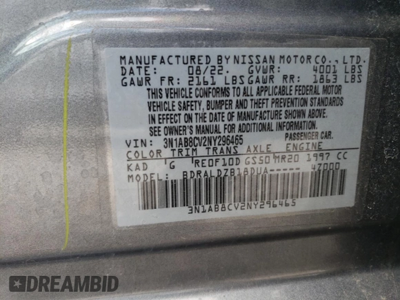 2022 Nissan Sentra SV with VIN 3N1AB8CV2NY296465, listed as a Copart auction lot 52352655 with 37,403 mi miles and Salvage Title. Bid and sale history available at DreamBid. Image 14.