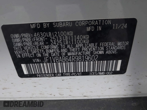 2024 Subaru WRX with VIN JF1VBAB64R9819602, listed as a IAAI auction lot 41928895 with 1,832 mi miles and . Bid and sale history available at DreamBid. Image 9.