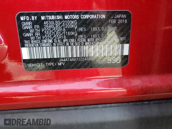 2018 Mitsubishi Eclipse Cross LE z VIN JA4AT4AA7JZ048404, wystawiony jako Copart lot #54938015 z przebiegiem 64 156 mil mil oraz Szkoda całkowita • Salvage title. Historia ofert i sprzedaży dostępna na DreamBid. Obrazek 14.