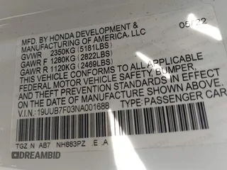2022 Acura TLX Type S with VIN 19UUB7F03NA001688, listed as a IAAI auction lot 42406858 with Not provided miles and . Bid and sale history available at DreamBid. Image 9.