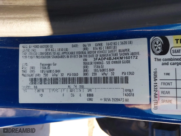 2019 Ford Fiesta SE with VIN 3FADP4BJ4KM160172, listed as a IAAI auction lot 41054213 with 71,147 mi miles. Bid and sale history available at carsss.com. Image 9.