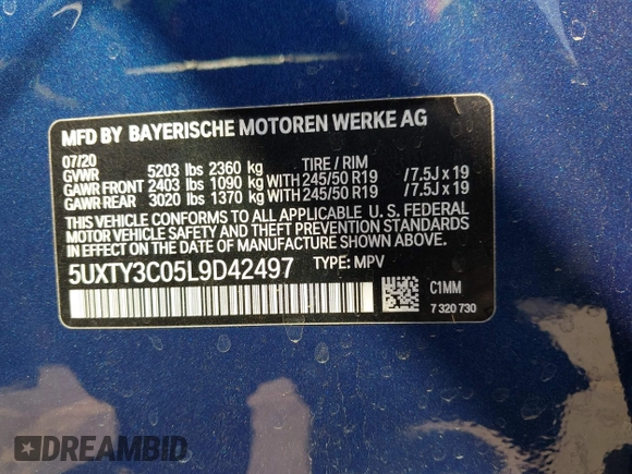2020 BMW X3 sDrive30i with VIN 5UXTY3C05L9D42497, listed as a IAAI auction lot 42131413 with 41,538 mi miles and . Bid and sale history available at DreamBid. Image 9.