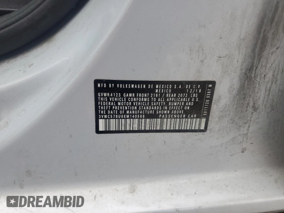 2019 Volkswagen Jetta S with VIN 3VWC57BU6KM140588, listed as a Copart auction lot 58992805 with 158,495 mi miles and Clean title. Bid and sale history available at DreamBid. Image 12.