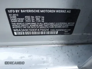 2013 BMW 3 Series 335i with VIN WBA3A9C50DF475024, listed as a IAAI auction lot 40884045 with 120,121 mi miles. Bid and sale history available at carsss.com. Image 9.