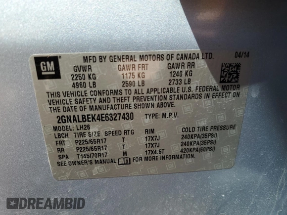 2014 Chevrolet Equinox LT with VIN 2GNALBEK4E6327430, listed as a Copart auction lot 54196985 with 63,170 mi miles and Salvage Title. Bid and sale history available at DreamBid. Image 15.