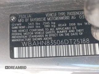 2006 BMW 7 Series 750Li with VIN WBAHN83506DT25188, listed as a IAAI auction lot 41599512 with 81,872 mi miles and . Bid and sale history available at carsss.com. Image 9.