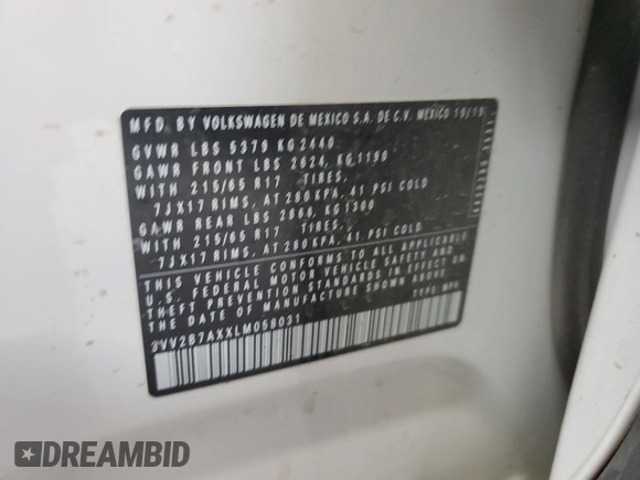 2020 Volkswagen Tiguan SE with VIN 3VV2B7AXXLM058031, listed as a Copart auction lot 76522644 with 34,361 mi miles and Salvage Title. Bid and sale history available at DreamBid. Image 13.