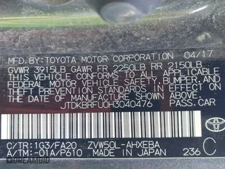 2017 Toyota Prius Two with VIN JTDKBRFU0H3040476, listed as a IAAI auction lot 41863797 with 51,045 mi miles. Bid and sale history available at carsss.com. Image 9.