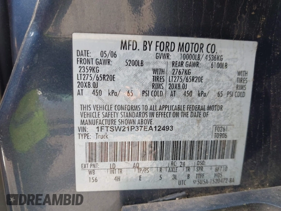 2007 Ford F-250 XL with VIN 1FTSW21P37EA12493, listed as a IAAI auction lot 42561532 with 347,260 mi miles and . Bid and sale history available at DreamBid. Image 9.