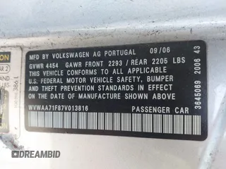 2007 Volkswagen Eos with VIN WVWAA71F87V013816, listed as a IAAI auction lot 41472069 with 210,082 mi miles and . Bid and sale history available at DreamBid. Image 9.