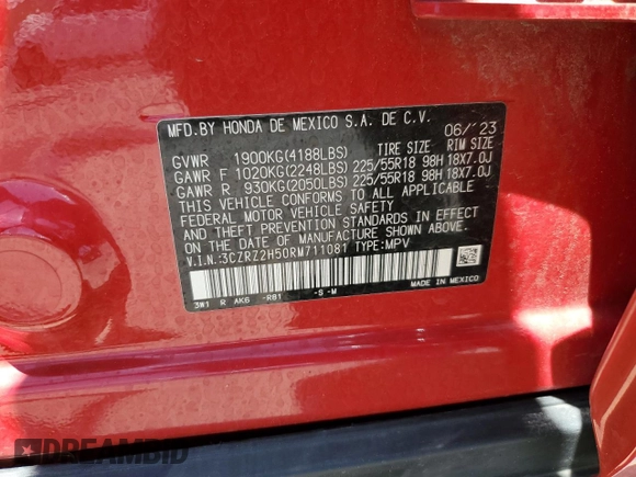 2024 Honda HR-V Sport z VIN 3CZRZ2H50RM711081, wystawiony jako Copart lot #62777205 z przebiegiem 28 643 mil mil oraz Szkoda całkowita • Salvage title. Historia ofert i sprzedaży dostępna na DreamBid. Obrazek 14.