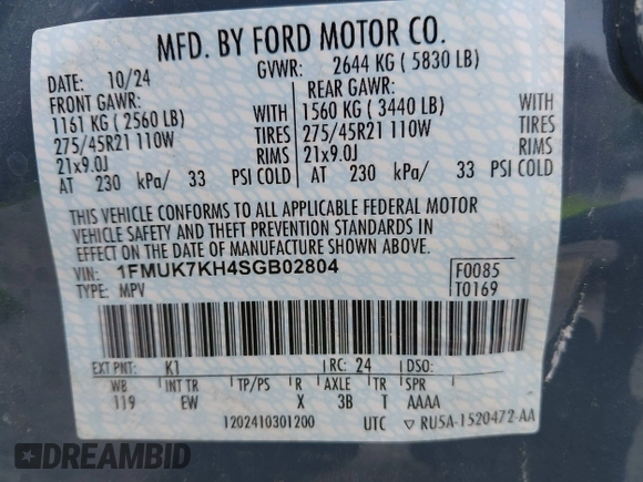 2025 Ford Explorer ST-Line with VIN 1FMUK7KH4SGB02804, listed as a IAAI auction lot 42043801 with 3,672 mi miles and . Bid and sale history available at DreamBid. Image 9.