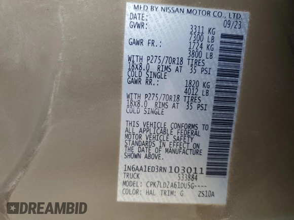 2024 Nissan Titan Pro-4X with VIN 1N6AA1ED3RN103011, listed as a Copart auction lot 87050954 with 8,829 mi miles and Salvage title. Bid and sale history available at DreamBid. Image 13.
