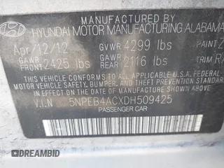 2013 Hyundai Sonata GLS with VIN 5NPEB4ACXDH509425, listed as a IAAI auction lot 42052986 with 143,712 mi miles and . Bid and sale history available at carsss.com. Image 9.