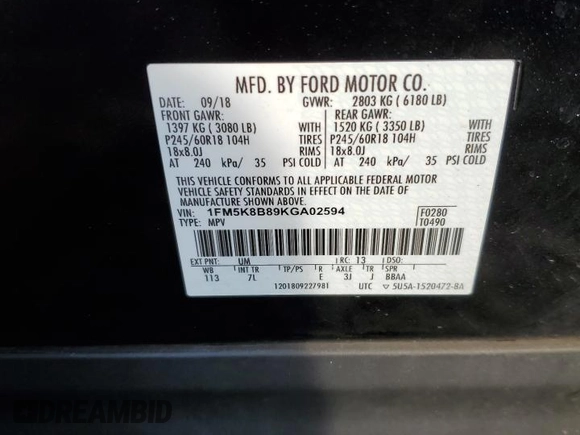 2019 Ford Explorer with VIN 1FM5K8B89KGA02594, listed as a Copart auction lot 79531354 with 144,325 mi miles and Salvage title. Bid and sale history available at DreamBid. Image 15.