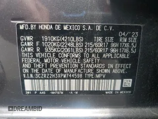 2023 Honda HR-V LX with VIN 3CZRZ2H3XPM744598, listed as a Copart auction lot 59877275 with 39,451 mi miles and Salvage title. Bid and sale history available at DreamBid. Image 13.