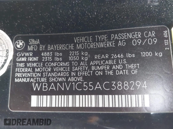 2010 BMW 5 Series 528i xDrive z VIN WBANV1C55AC388294, wystawiony jako IAAI lot #42249284 z przebiegiem Nie podano mil oraz . Historia ofert i sprzedaży dostępna na DreamBid. Obrazek 9.