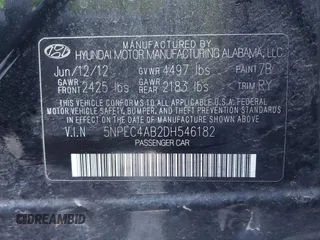 2013 Hyundai Sonata Limited with VIN 5NPEC4AB2DH546182, listed as a IAAI auction lot 41982509 with 113,187 mi miles and . Bid and sale history available at carsss.com. Image 9.