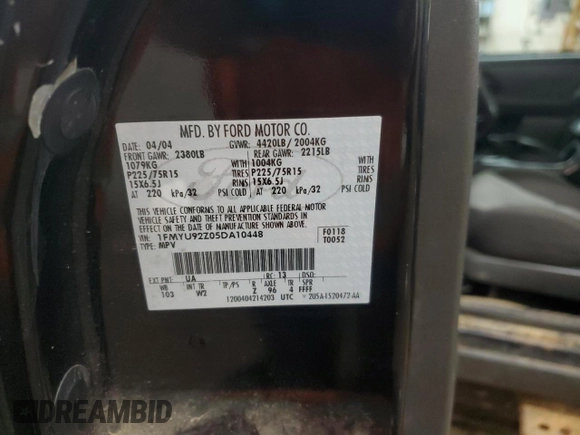 2005 Ford Escape XLS Value with VIN 1FMYU92Z05DA10448, listed as a Copart auction lot 54438955 with 185,303 mi miles and Salvage title. Bid and sale history available at DreamBid. Image 14.