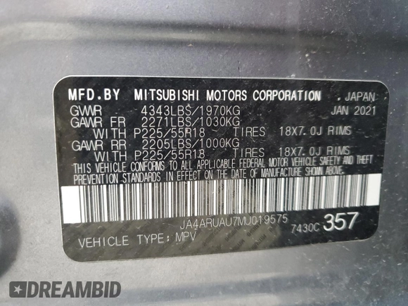 2021 Mitsubishi Outlander ES z VIN JA4ARUAU7MU019575, wystawiony jako Copart lot #54922275 z przebiegiem 109 423 mil mil oraz Szkoda całkowita • Salvage title. Historia ofert i sprzedaży dostępna na DreamBid. Obrazek 14.
