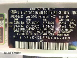 2021 Kia Sorento SX Prestige X-Line with VIN 5XYRKDLF6MG047400, listed as a IAAI auction lot 40167581 with 57,654 mi miles. Bid and sale history available at carsss.com. Image 9.