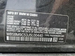 2018 BMW M3 with VIN WBS8M9C53J5L00440, listed as a Copart auction lot 54178485 with 47,451 mi miles and Salvage Title. Bid and sale history available at carsss.com. Image 13.