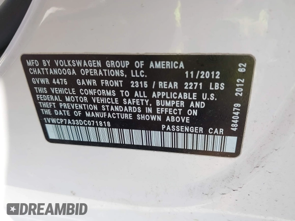 2013 Volkswagen Passat SEL Premium z VIN 1VWCP7A33DC071818, wystawiony jako IAAI lot #41905651 z przebiegiem 172 911 mil mil oraz . Historia ofert i sprzedaży dostępna na DreamBid. Obrazek 9.