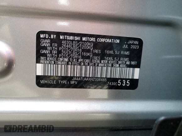 2024 Mitsubishi Eclipse Cross ES with VIN JA4ATUAAXRZ006465, listed as a Copart auction lot 56857195 with 10,065 mi miles and Salvage title. Bid and sale history available at DreamBid. Image 14.