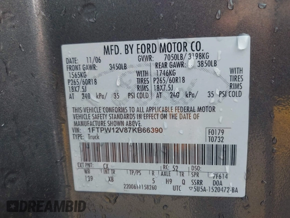 2007 Ford F-150 XLT with VIN 1FTPW12V87KB66390, listed as a IAAI auction lot 42369570 with 247,946 mi miles and . Bid and sale history available at DreamBid. Image 9.
