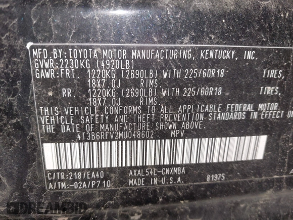 2021 Toyota RAV4 Hybrid LE with VIN 4T3B6RFV2MU048602, listed as a IAAI auction lot 41663576 with 69,404 mi miles. Bid and sale history available at carsss.com. Image 9.