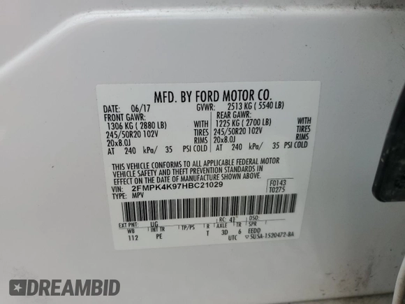 2017 Ford Edge Titanium with VIN 2FMPK4K97HBC21029, listed as a Copart auction lot 52618115 with 111,016 mi miles and Salvage Title. Bid and sale history available at carsss.com. Image 13.